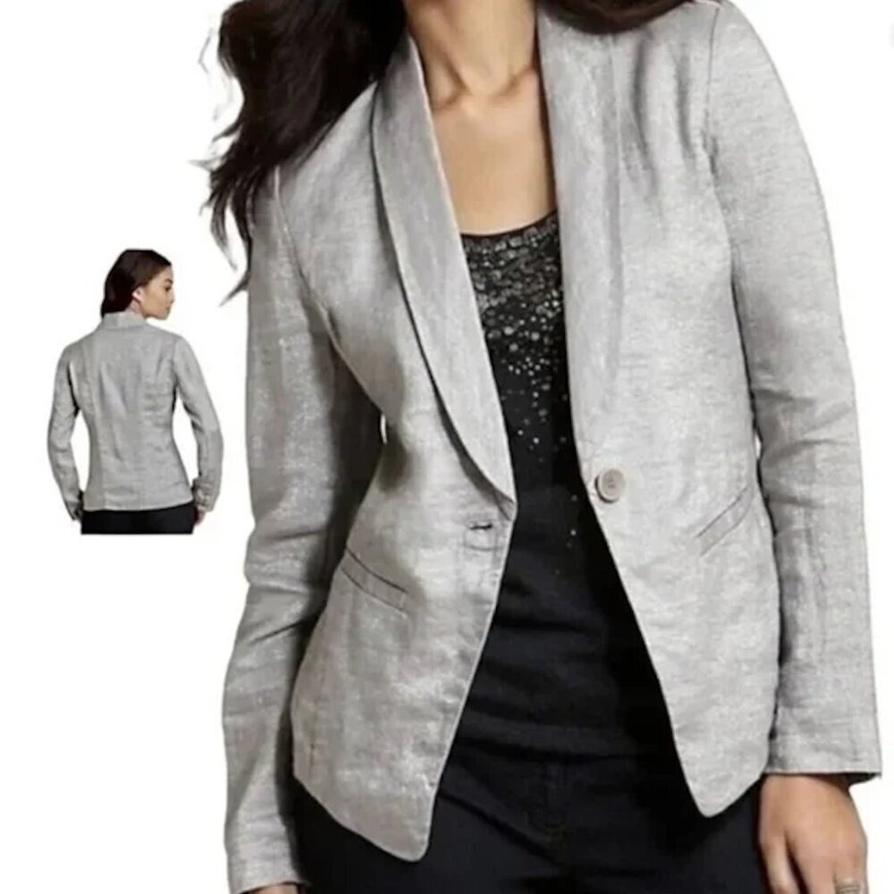 Eileen Fisher Linen Silver Grey Twinkle One Button Jacket Blazer Sz S